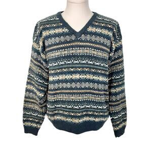 Vintage 90s Grandpa Sweater Green Intarsia Silk Blend Nordic Pullover Mens L